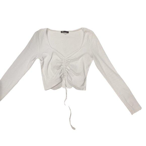 Ruched Ribbed Front Tie Long Sleeve Top - Picture 3 of 6